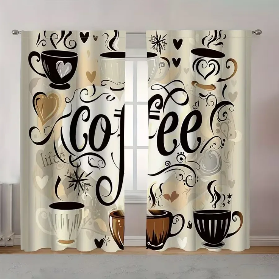 2 PCS Retro Coffee Cup Curtains, American Vintage Style Window Drapes for Living Room Bedroom Home Decor Polyester Rod Pocket