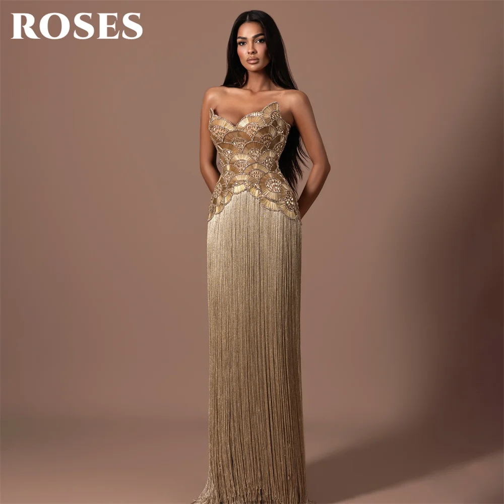 ROSES Golden Party Dresses Strapless Sleeveless Evening Dresses Glitter Sequin Straight فساتين السهرة Tassel Customized view 3