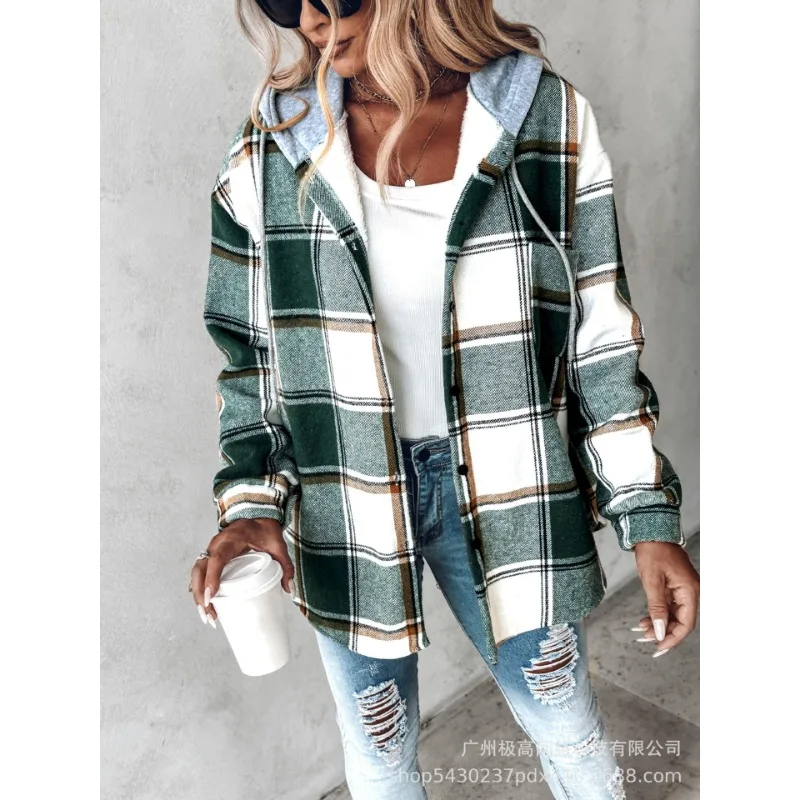 2024 New Autumn Winter New Fashion Women\'s Clothing Solid Color Plaid Hooded Jacket Casual