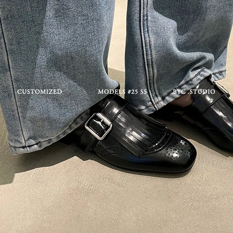 2026 new summer women sandals natural leather 22-25cm cowhide+pigskin+sheepskin hollow-out tassel mules buckle women slippers