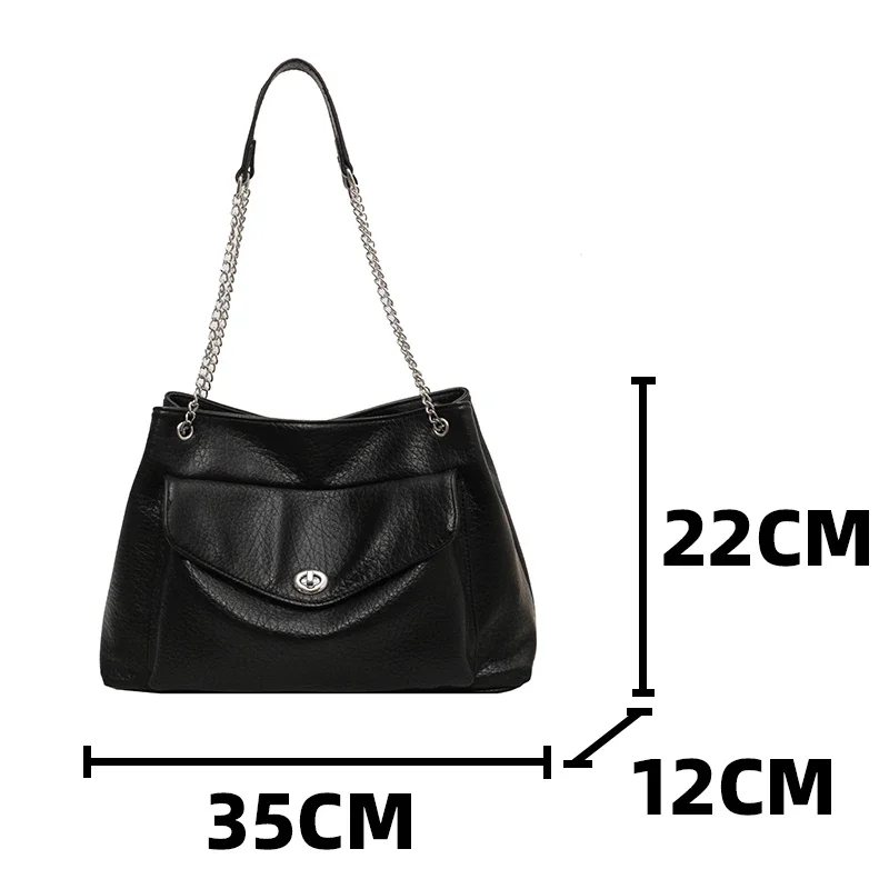 Female Large Black Tote Handbag Multi Pocket Ladies Metal Chain Shoulder Bag Soft Pu Leather Women\'s Serviceable Crossbody Bags