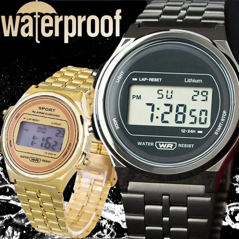 Reloj Digital LED con correa de acero resistente al agua para hombre, relojes de pulsera deportivos digitales Vintage, reloj de pulsera electrónico