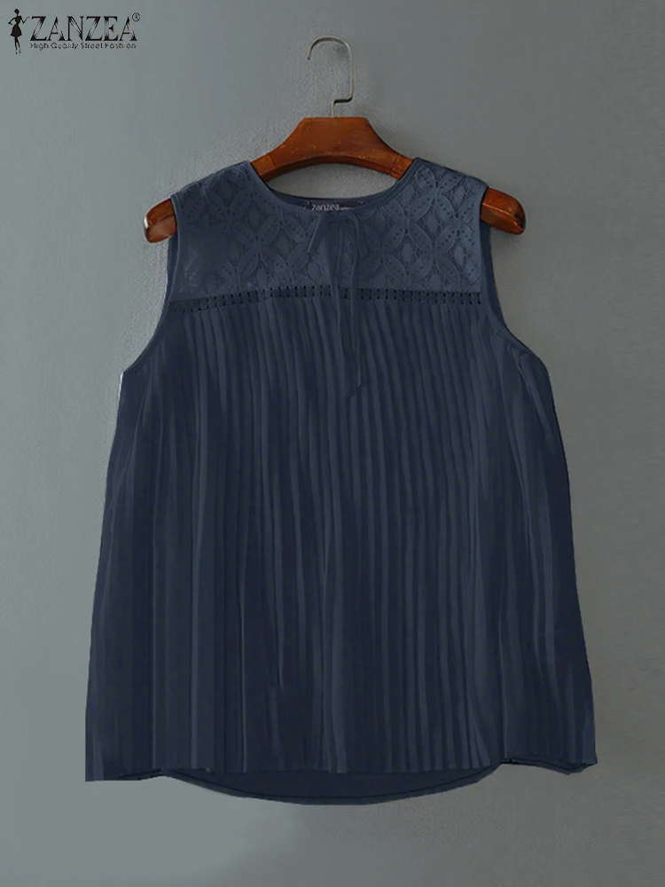 ZANZEA 2025 Summer Camis Women Stylish Holiday Tanks Tops Sleeveless Lace Patchwork Blouse Solid Pleated Work Shirt Mujer Femme