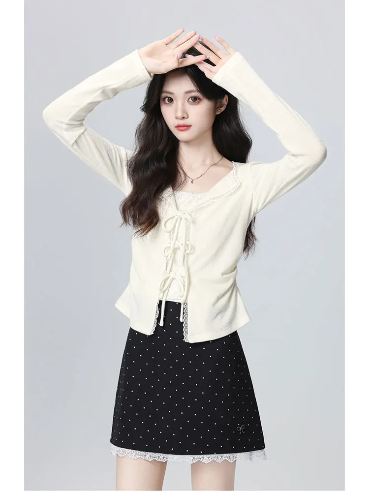 ort Knitted Long Sve T-irt Women's Autumn Winter New Sle Lace  Knot Waist Cinching Top Korean Sle Pure Color