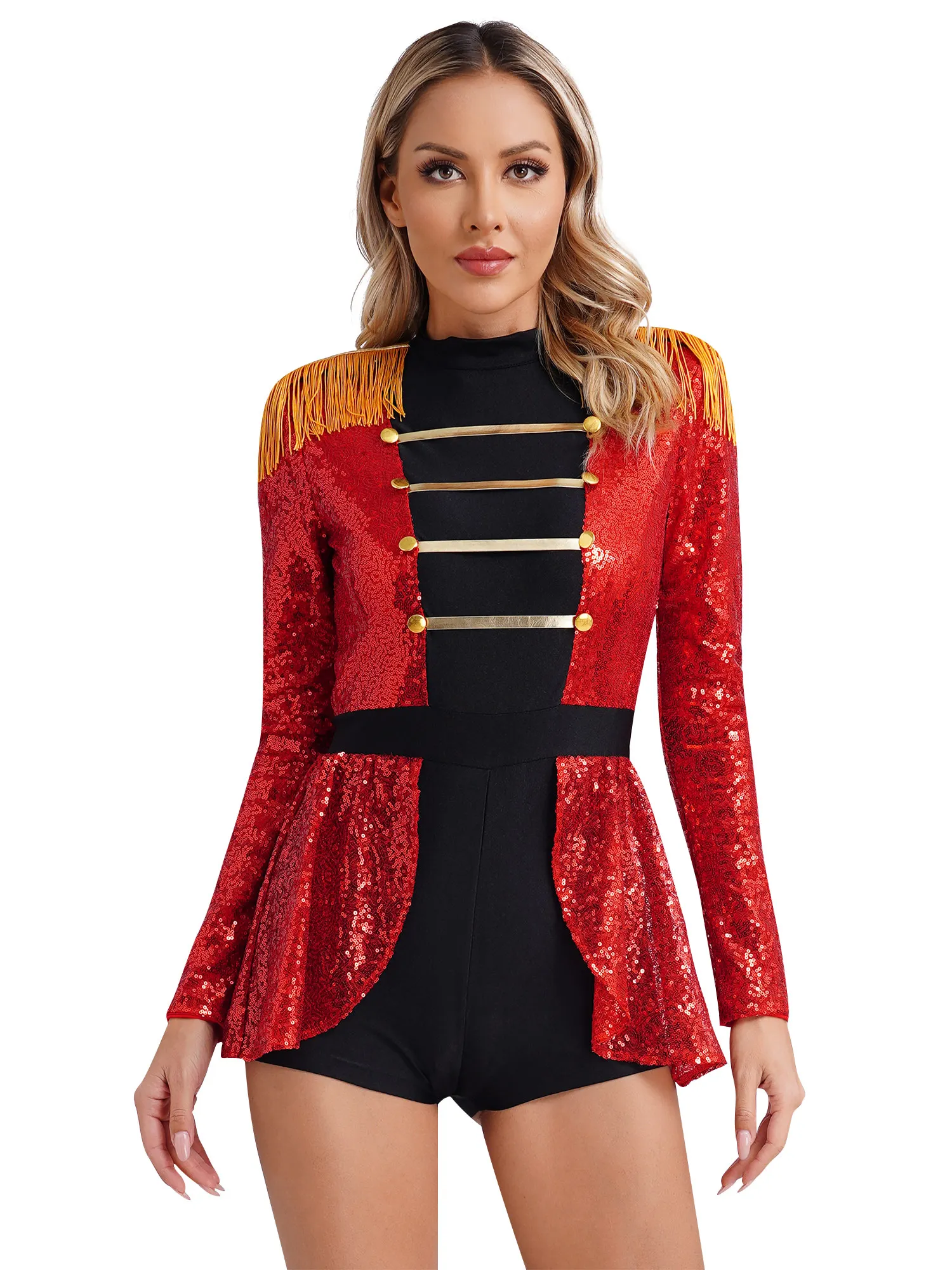 Vrouwen Circus Circusdirecteur Cosplay Kostuum Glanzende Pailletten Lange Mouw Omzoomd Schouder Turnpakje Jurk Halloween Jumpsuit Kostuum - afbeelding 2