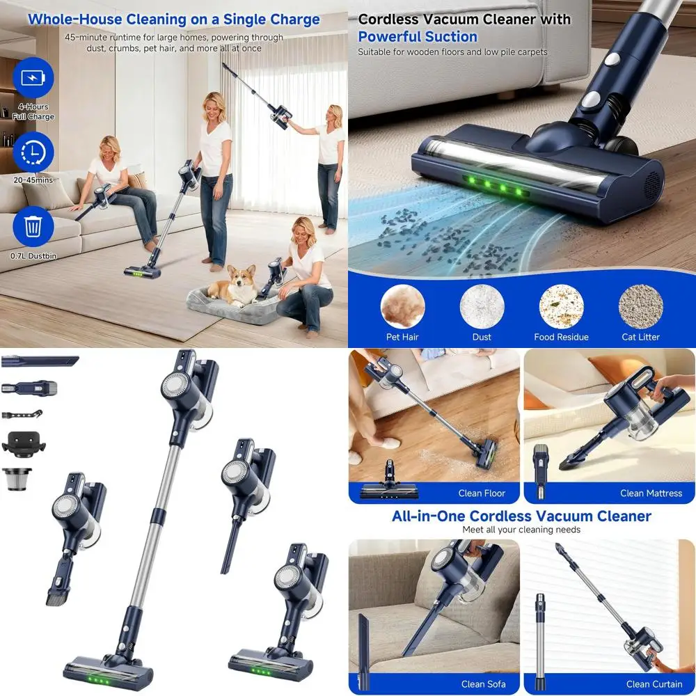 

Мощный беспроводной пылесос с щеткой против наматывания волос, LED-подсветкой, 6-в-1 для уборки шерсти животных с ковров и твердых полов - Dark Bl