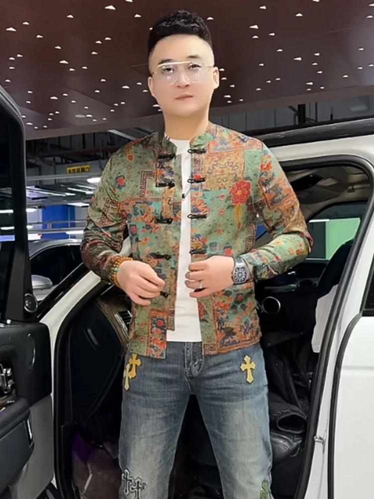 

Мужская повседневная куртка с цветочной вышивкой на пуговицах, универсальная, в китайском стиле, с длинными рукавами, осенне-зимняя коллекция