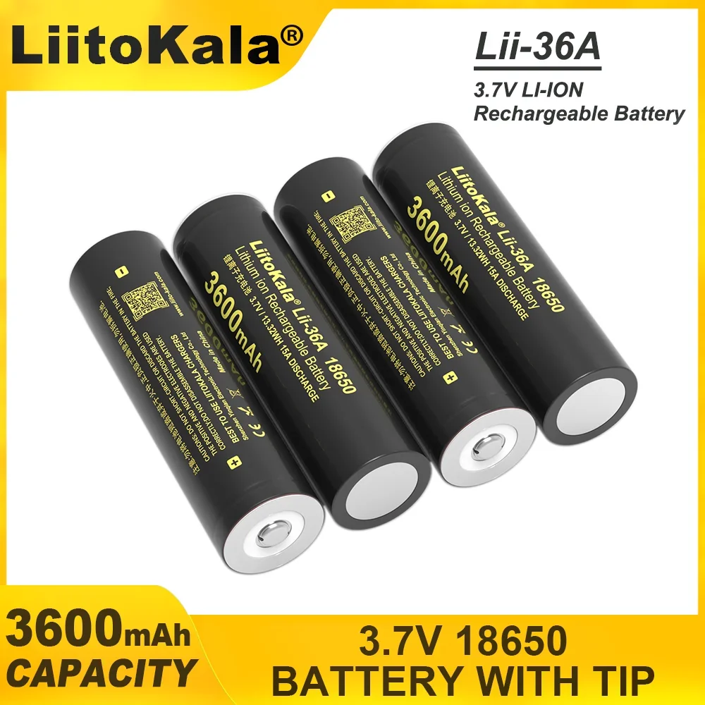 New LiitoKala Lii-36A 18650 3600mAh 3.7V Lithium Rechargeable Battery with Pointed (No PCB) for Flashlight Batteries