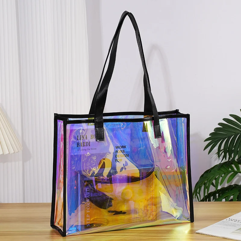 StoBag 2pcs Laser Transparent Shopping Tote Bag ShoulderFashion Gift Packaging Wedding Pouch Portable Custom Logo(Extra Fee)