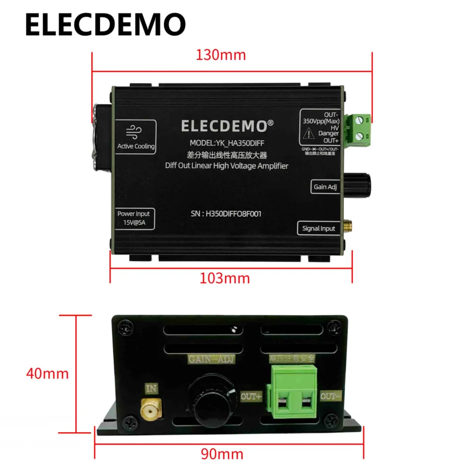 

Differential output high voltage arbitrary wave amplifier with 350Vpp piezoelectric ceramic PZT displacement drive.