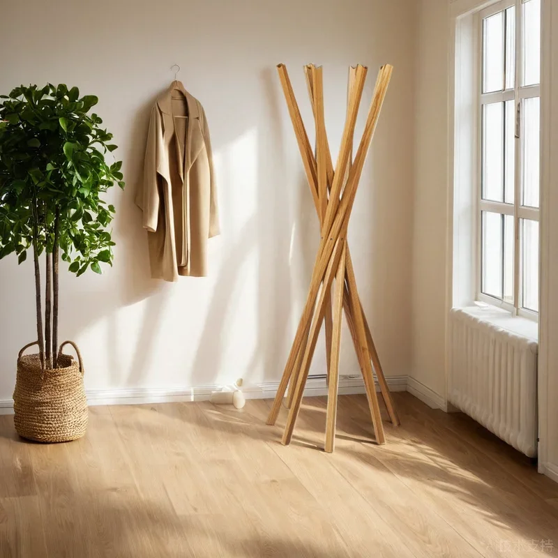 Foldable floor coat rack Solid wood hanger Bedroom living room hanger Simple clothes hanger Bag rack