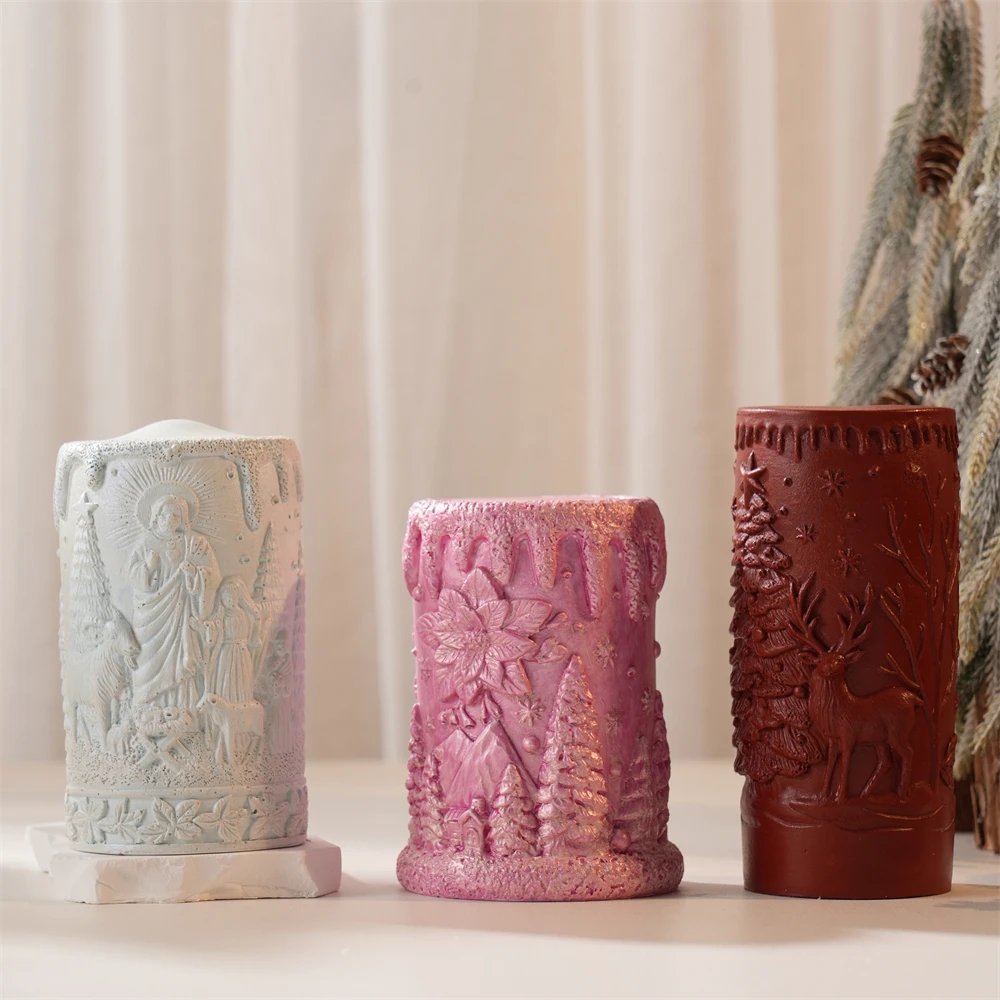 Concrete Plaster Deer Pillar Christmas Silicone Mold Santa Claus Column Candle Mold Resin Soy Wax Christmas Decor Table Ornament