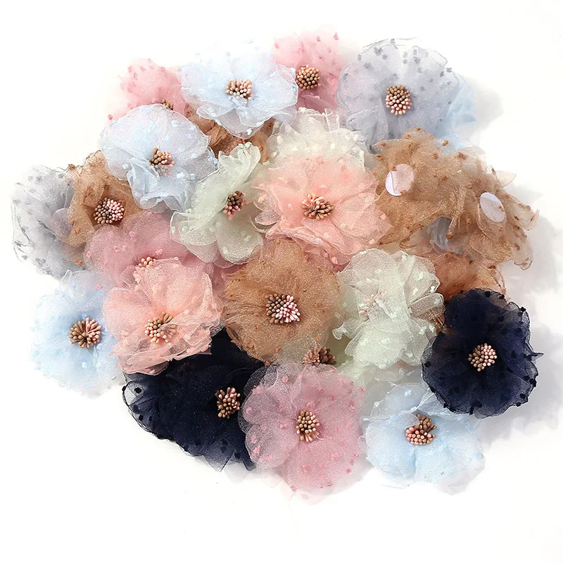 2/5Pcs Chiffon Artificial Flowers Head Fabric Applique Dress Sewing Supplies Patches Accessories For Kids Girls Hairpin Decor