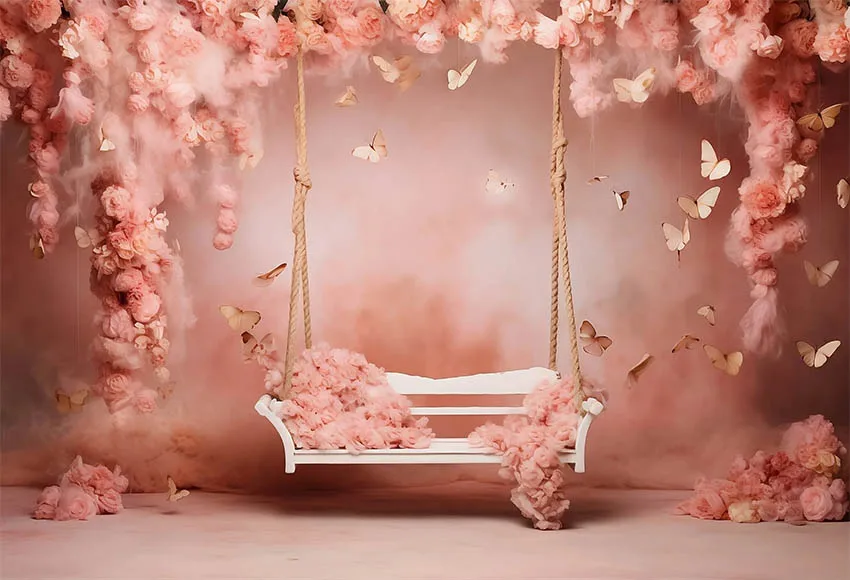 Mehofond 사진 배경 핑크 꽃 나비 공주, 신생아 생일 파티, 그런지 벽 예술 질감 배경 소품