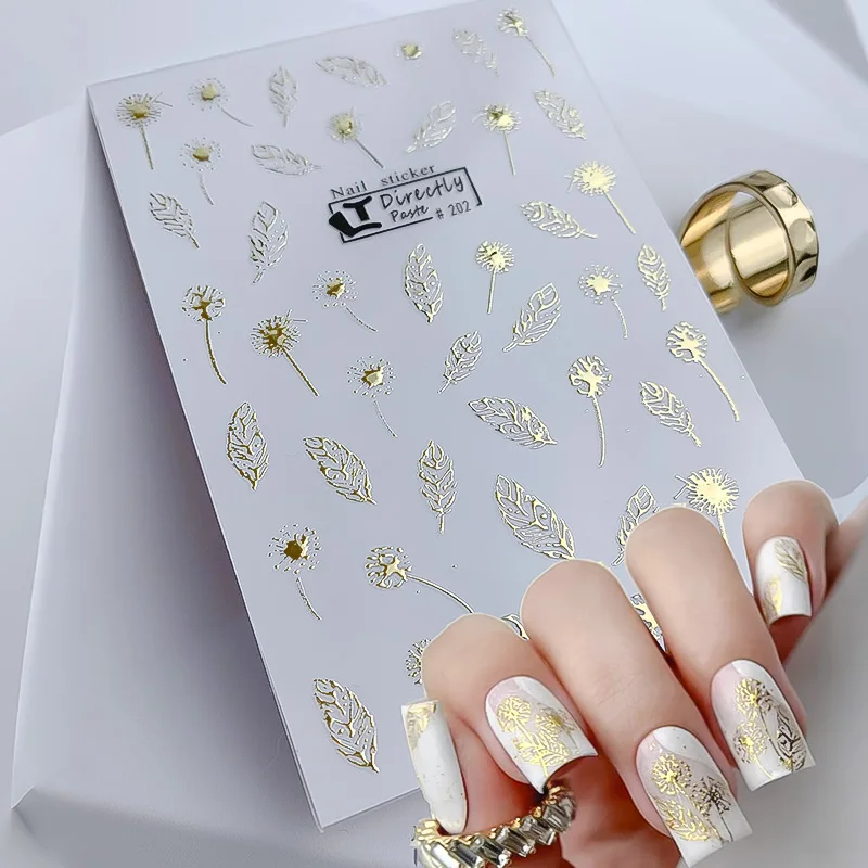 1pc Gold Line White Flower Plant Patterns Maple Leaf Nail Sticker Simple Design Adhesive Slider Nail Art Decoration Decals