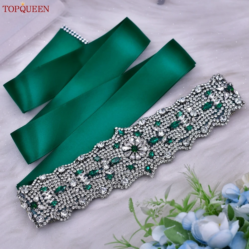 TOPQUEEN Full Rhinestone Wedding Belt Banquet Green Dress Wide Belt Bridal Accessories Luxury Diamond Applique S233L-KL