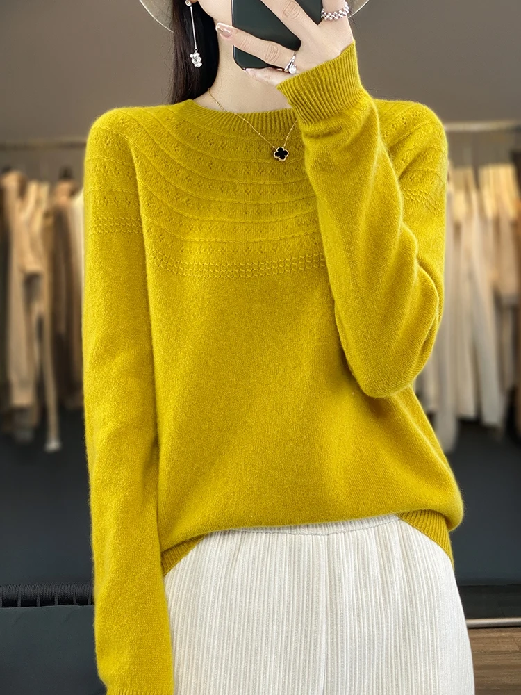 Women's Autumn Clothing O-Neck Hollow Out Pullover Sweater 100% Merino Wool Basic Casual Long Sleeve Cashmere Knitwear Tops 2024