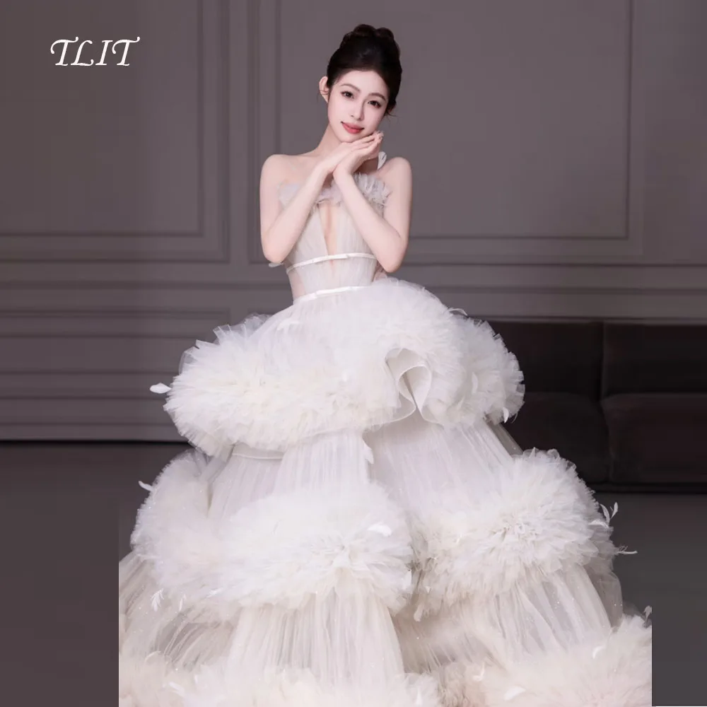 TLIT luxe tule gelaagde avondjurk Korea trouwjurk fotoshoot diepe v-hals fee veren prom jassen op maat
