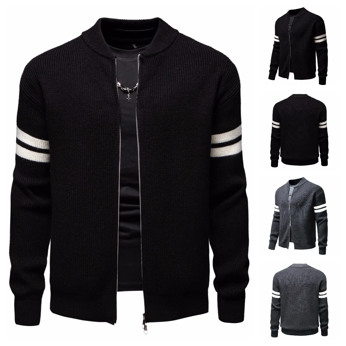 New Men's Fashion Comfortable Round Neck Long Sleeve Slim Horizontal Striped Jacket Zipper Jacket