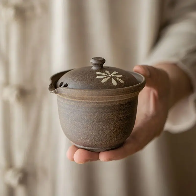 Shaofengzuo flower teapot set, Japanese retro, handmade coarse pottery teacup, tea tasting cup