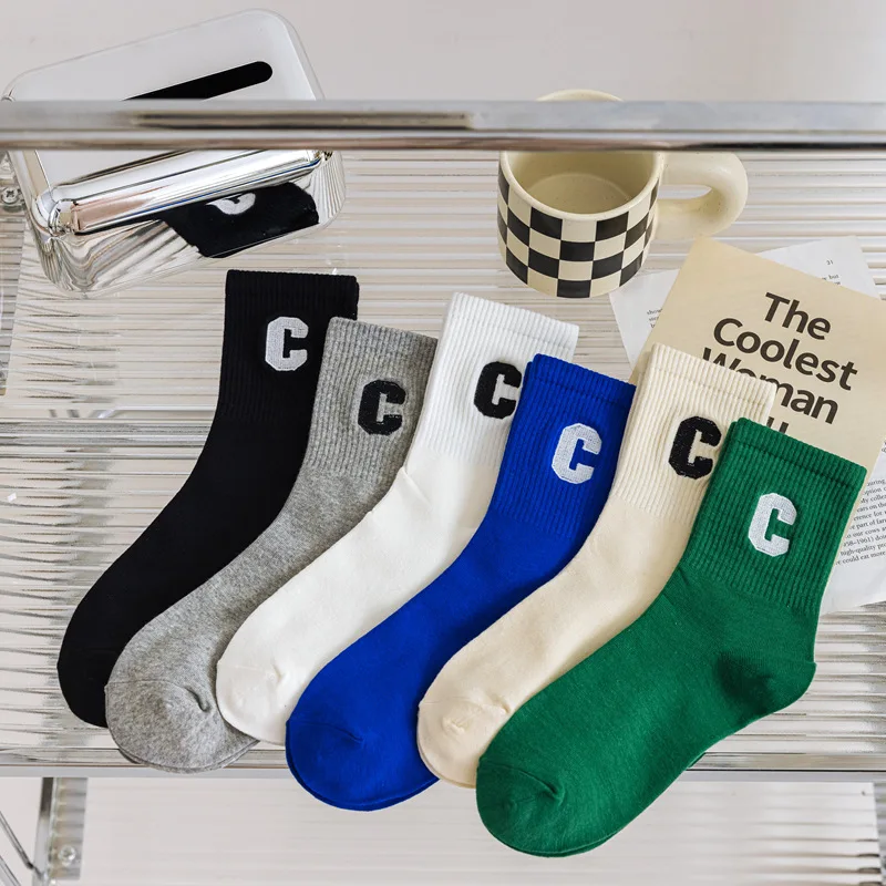 1pair Trendy Celebrity Popular Socks Female Letter C Korean Socks Ins Trend Medium Tube Socks Spring/Summer Women's Hosiery