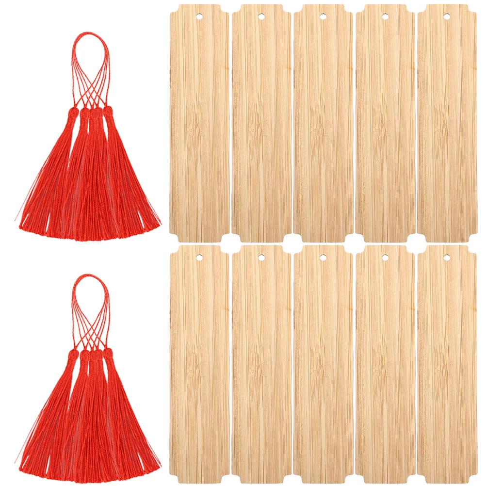 

10 Sets DIY Engraved Wooden Bookmarks Blank Crafts Manual Bamboo Unfinished Hanging Sign Tassel Reading Page Markers Students