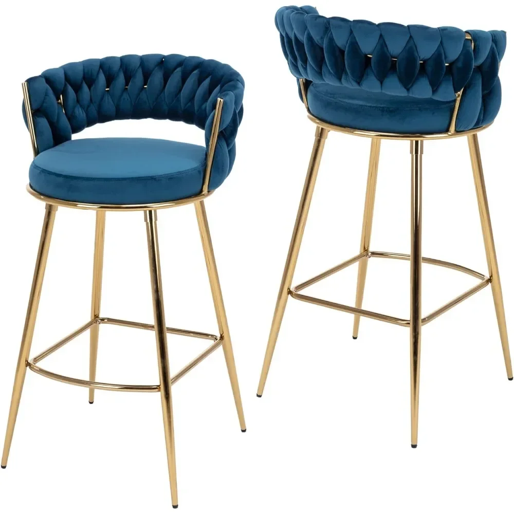 Bar Stools Set of 2, 29 Inches Height Comfy Seat and Sturdy Golden Metal Legs, Handmade Woven Back Armrest,Bar Chairs