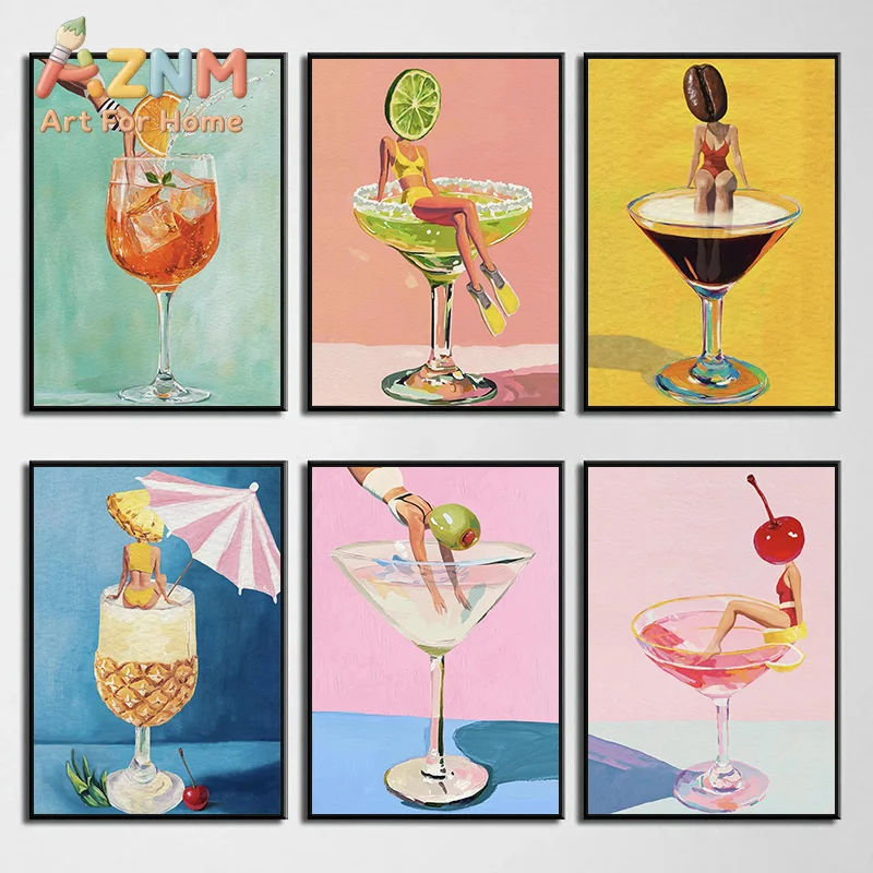 Coffee Martini Cocktail Margarita Drink Girl Jumping Into Wine Glass Fun Poster Canvas Printing Wall Art Bar Club Kitchen Dec