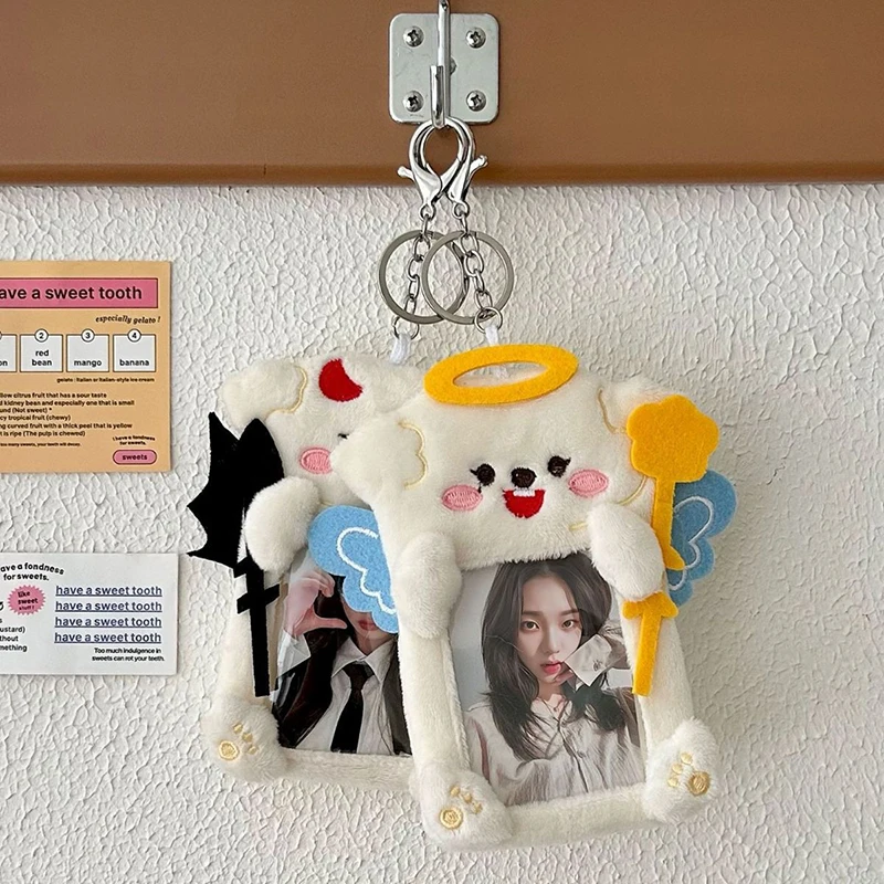 Angel Devil Puppy 3 Inch Kpop Photocard Holder Kawaii Plush ID Card Photo Display Holder Bag Korean School Stationery