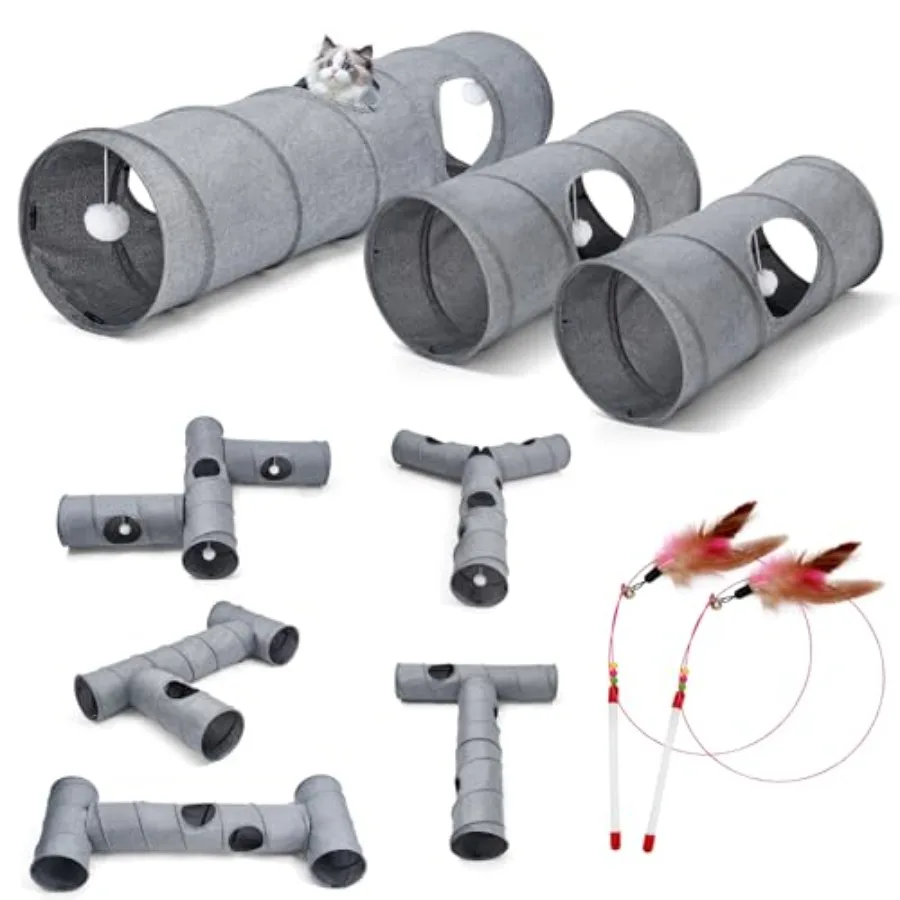 

Cat Tunnel 3 Straight Shaped Tunnels 6 DIY Shapes with Wand Toys No Noise Scratch Resistant Cool Linen Fabric Interactive Pet T