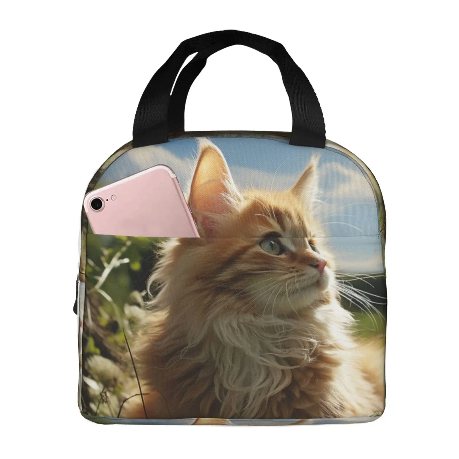 Cat Sitting In Green Fie Insulated Lunch Bag Lunch Box for Women Men Leakproof Thermal Lunch Tote Bag with Handle Small Lunchbox