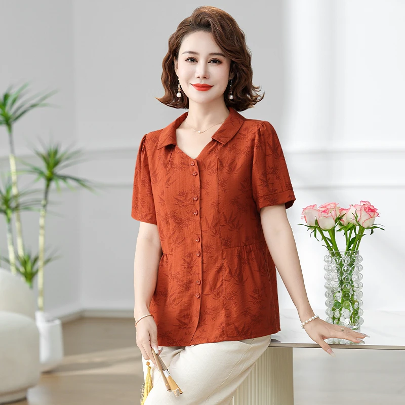 

Women's Polo Collar Short Sleeve Blouse with Floral Loose Fit Cotton Linen Blend Casual Top