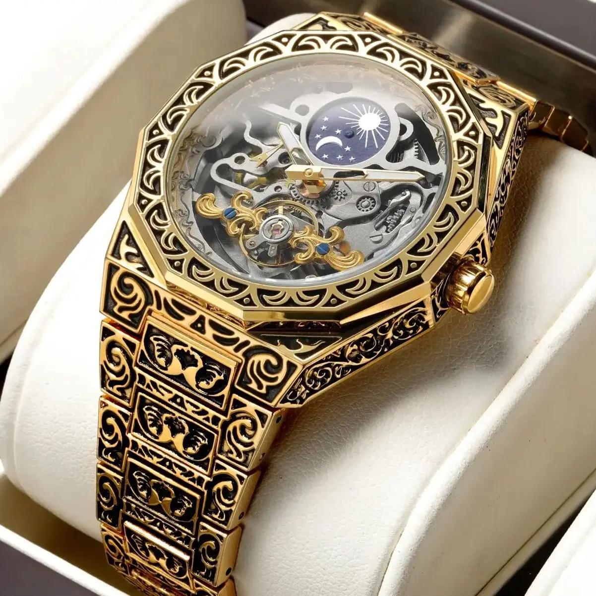 

Forsining Gold Engraved Mechanical Watch for Men Tourbillon Skeleton Mens Watches Top Brand Luxury Wristwatches Steel Strap New