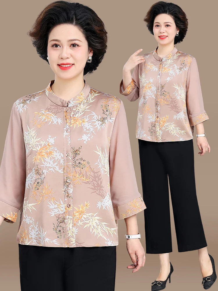 

Новый китайский модный комплект из шелковой блузки и брюк для женщин среднего и старшего возраста на весну-лето и осень