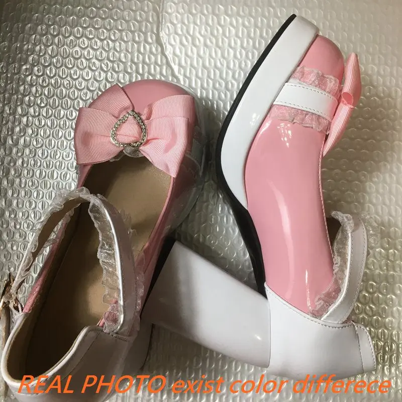 ORCHA LISA Sweet Lolita Girls Pumps Round Toe Block Heels 9.5cm Platform Buckle Strap Bowknot 42 43 Pink Women Shoes Mixed Color