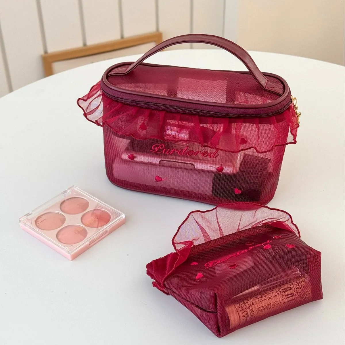 Cross-border ruffle edge mesh bag, high-value girl's heart ins style student portable breathable lipstick sample storage bag