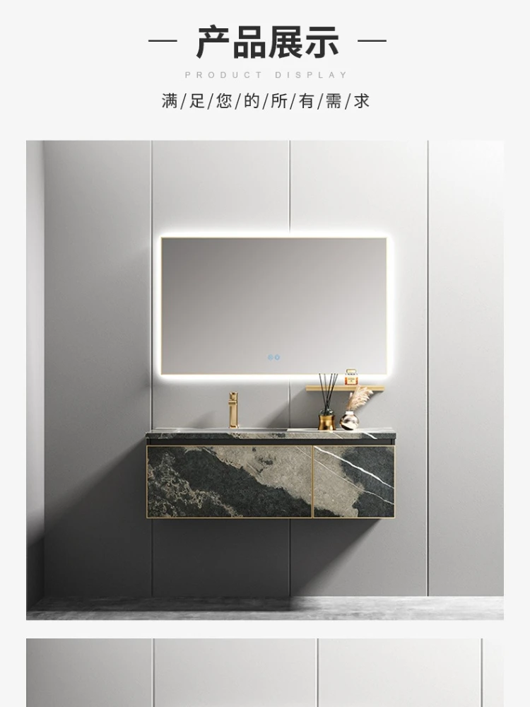 

Элитный шкаф для ванной комнаты с интегрированной столешницей из каменной плиты, умным LED-зеркалом и раковиной.