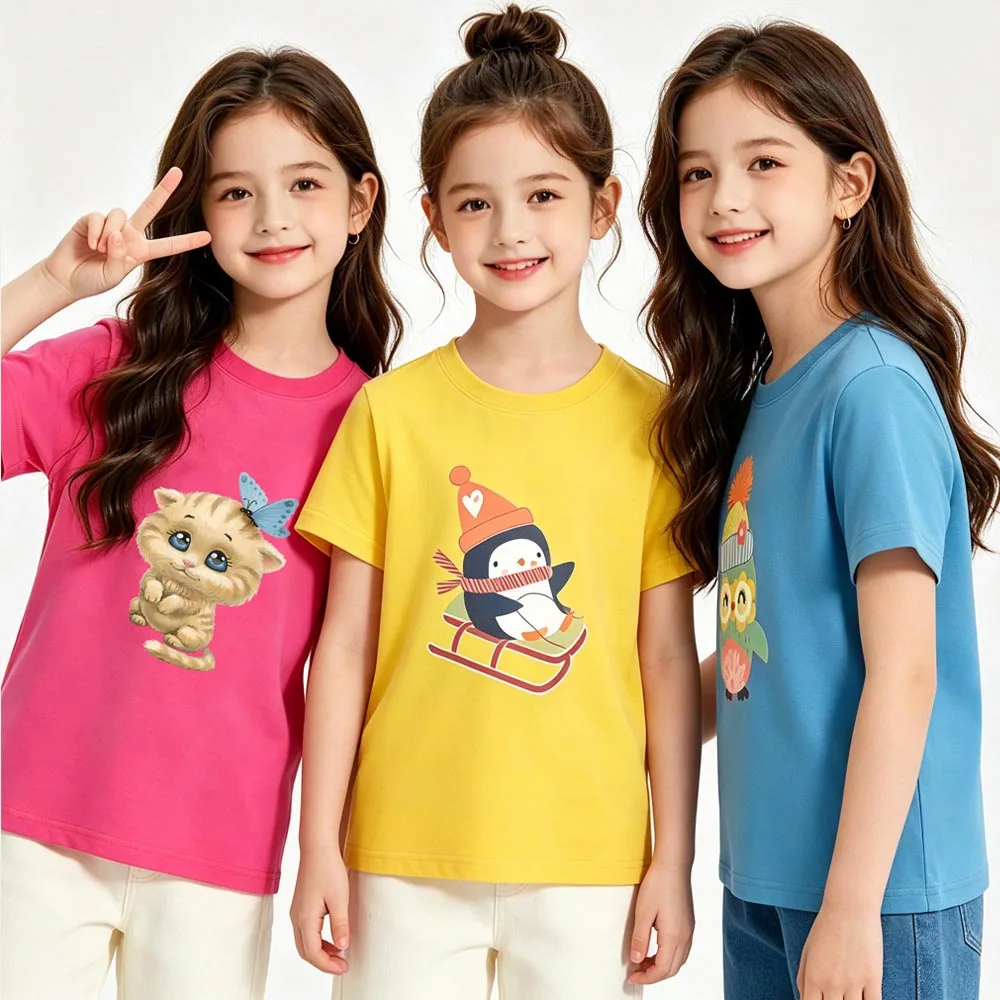 1 to 14 Years Girls T Shirts Colors Cat Pink Yellow Blue Kids Tshirt for Girl Clothing Summer Teen Cotton Tee Shirt Toddler Tops