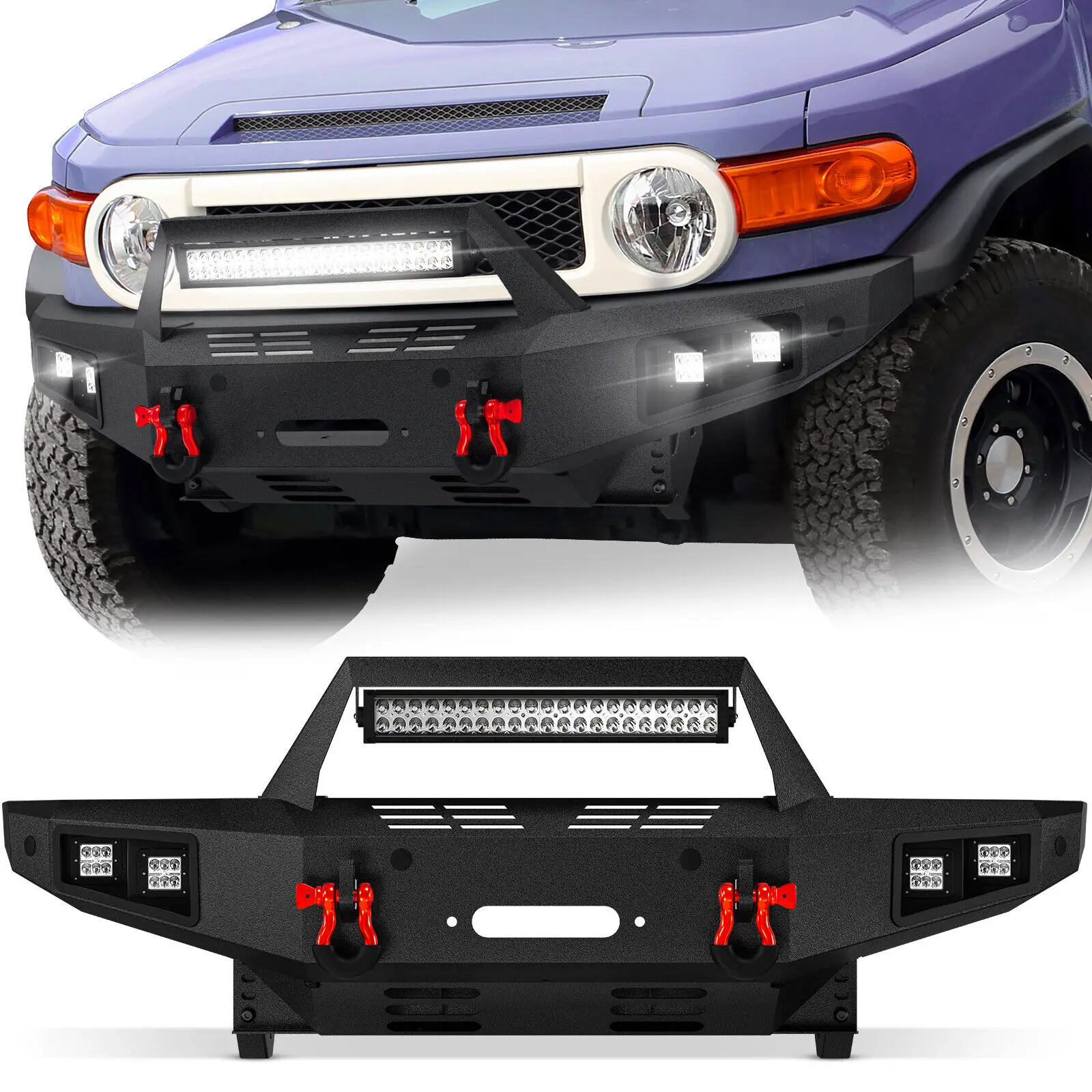 

Front Bumper With Winch Plate & Skid Plate & Sensor Holes & D-rings for 2007-2013 2014 Toyota FJ Cruiser 1st Gen Textured Black
