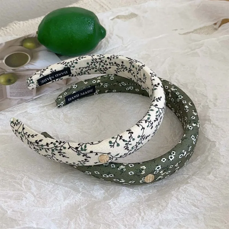 Green Retro Korean Type Floral Sponge Headband Elegant Fashion Printed High Skull Top Hair hoop Versatile Hair Clip