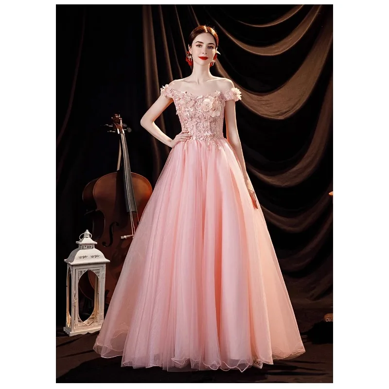 

2025 New Women's Summer Pink One Shoulder Banquet Puff Skirt Fashion Bridal Wedding Toast Dress Annual Party Solo Evening Dress