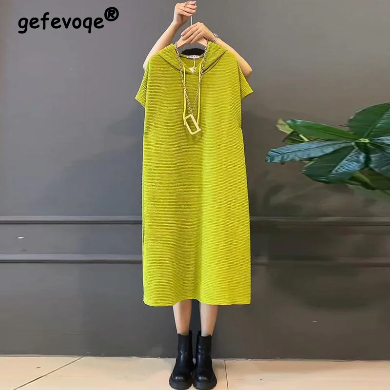 2024 letnie damskie koreańskie modne proste casualowe sukienki typu Oversized Y2K damskie jednolite odzież typu Streetwear z krótkim rękawem z kapturem sukienka Midi