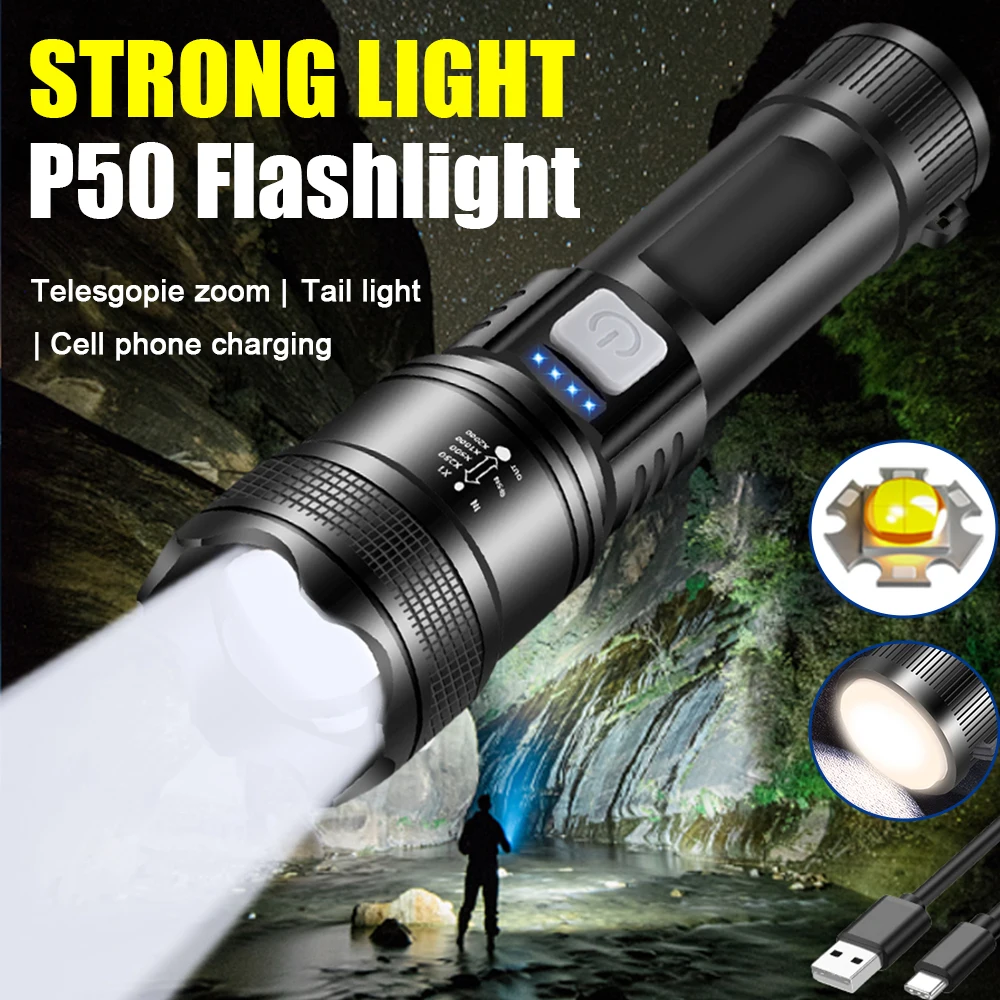 Powerful P70 LED Flashlight Camping USB Charging Zoomable Waterproof Torch Portable Work Light 4 Lighting Modes Built-in Battery