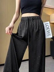 Hot drill Satin Wide Leg Pants Women 2024 Summer Elastic High Waist Drape Straight Trousers Casual Chic Female Solid Pants