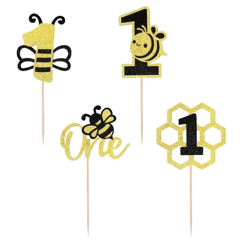NUBECOM 24 Stück Biene-Thema-Kuchenaufsatz, glitzernde Cupcake-Aufsatz für den Weltbienen-Tag, Kuchendekoration, Baby-Dekoration zum ersten Geburtstag – Detail 6