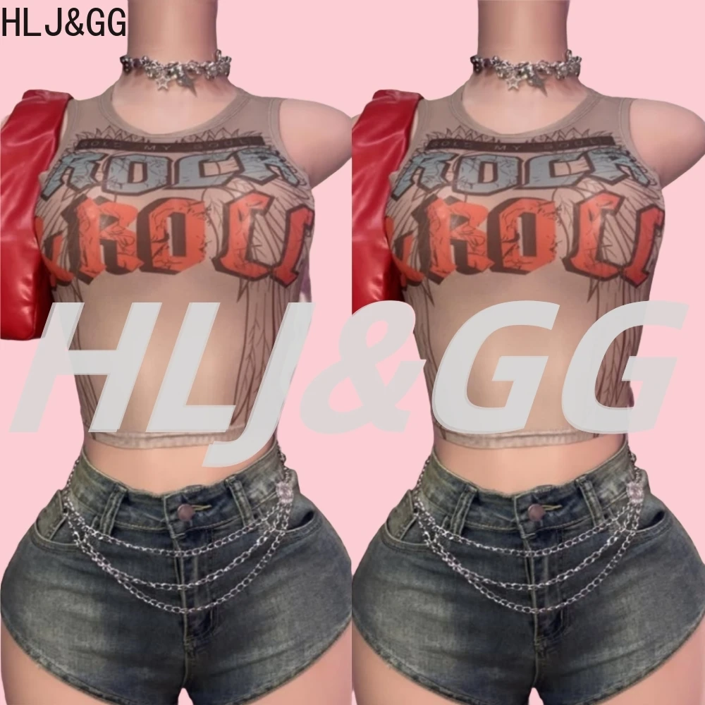 

HLJ&GG Y2K Fashion Mesh Letter Printing Tank Top 3 Piece Sets Women Sleeveless Slim Vest And Denim Shorts Outfit With Chain 2025