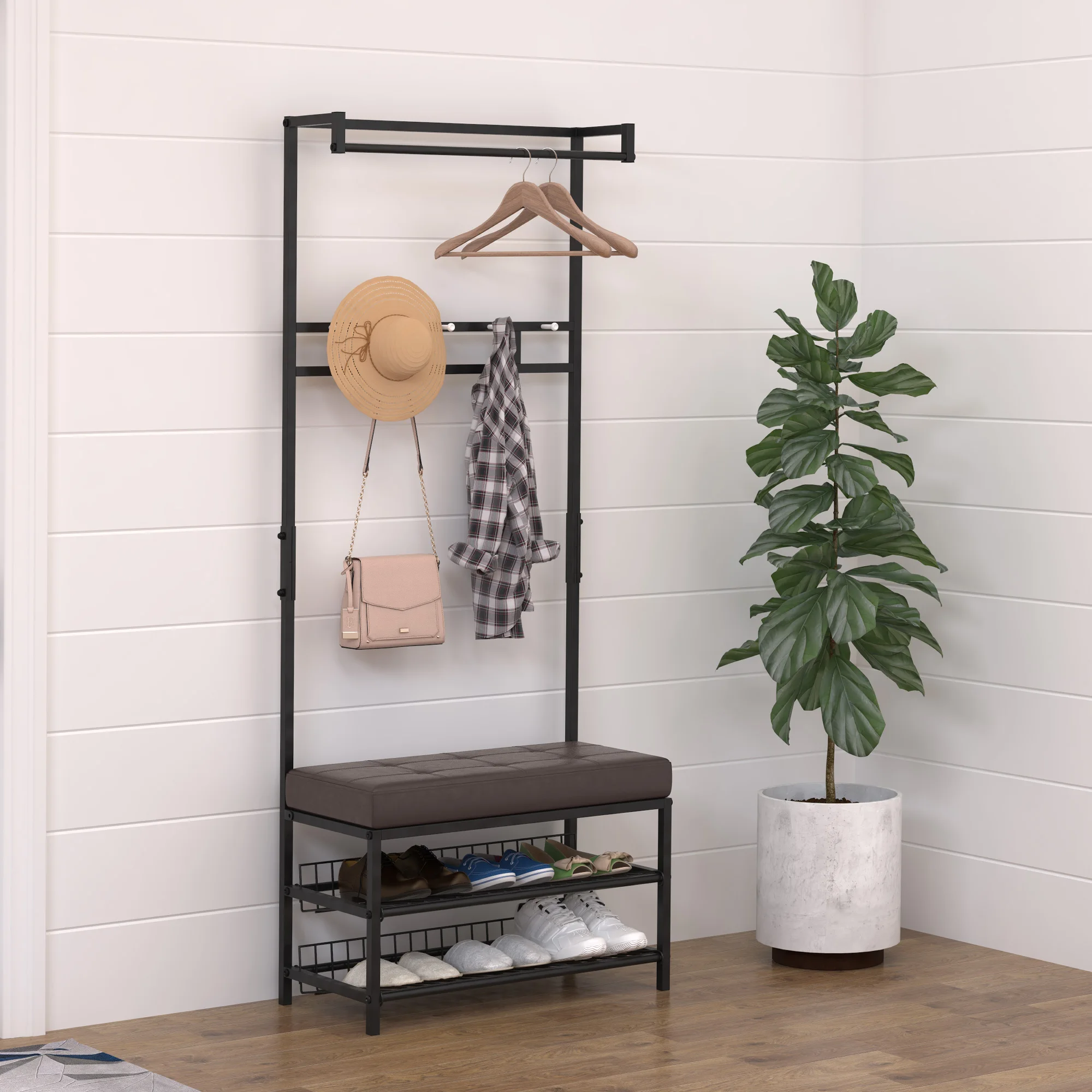 HOMCOM Garderobenständer Kleiderständer mit 5 Haken und Schuhbank mit 2 Ebenen Garderobe aus Metall für Flur, Schlafzimmer, 72,5 x35 x 180cm