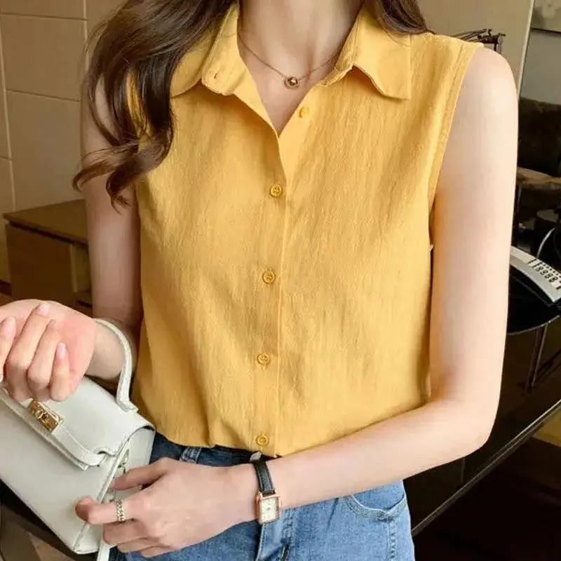 

Chiffon Sleeveless Blouse Summer New Polo Neck Solid Color Simplicity Office Shirt Tops Fashion Elegant Casual Women Clothing