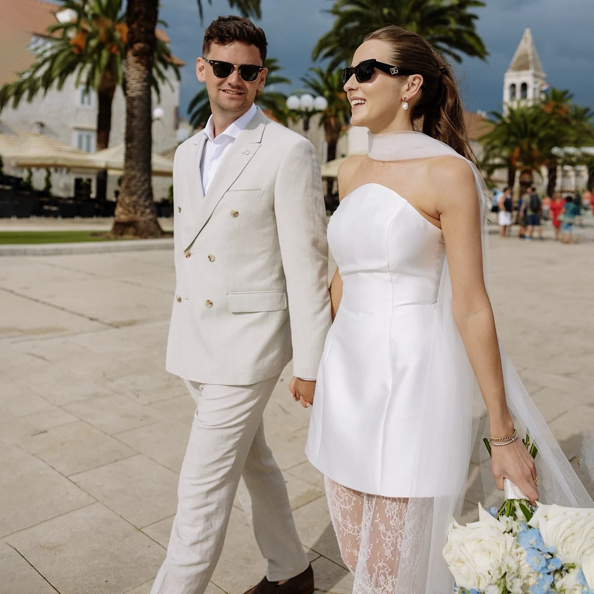 Versatile Satin Mini Bridal Dress with Removable Lace Underskirt Strapless Neckline Customized Simple Wedding Gown with Scarf