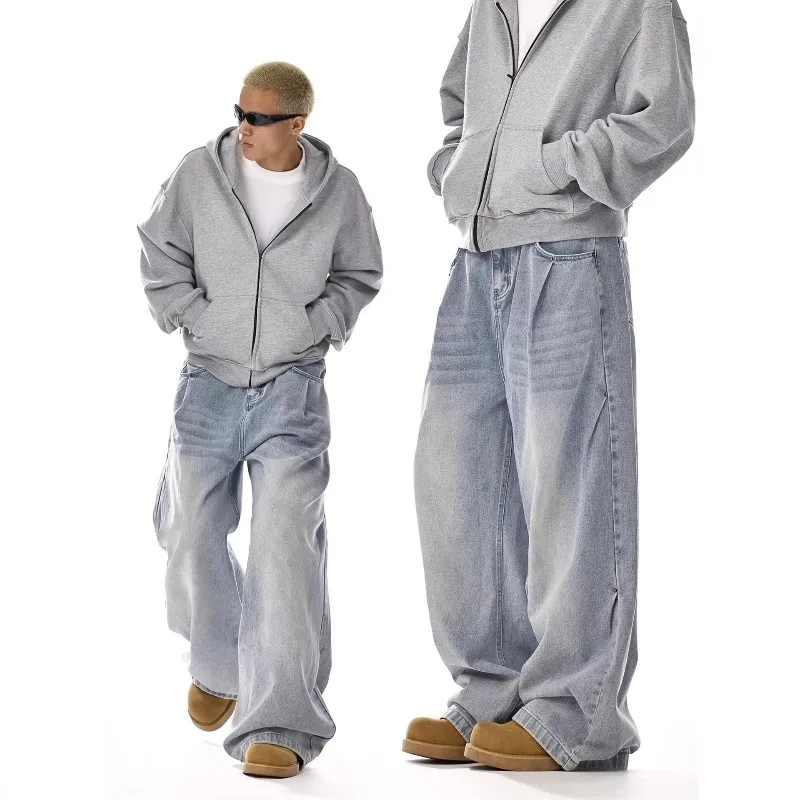 

Мужские потертые джинсы в американском стиле ретро, модные свободные прямые брюки в уличном стиле, универсальные повседневные широкие джинсовые брюки